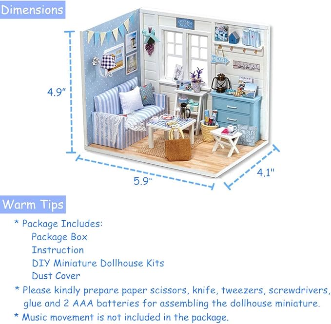 TuKIIE DIY Miniature Dollhouse Kit with Furniture, 1:24 Scale Creative Room Mini Wooden Doll House Accessories Plus Dust Proof for Kids Teens Adults(Beach Cottage)