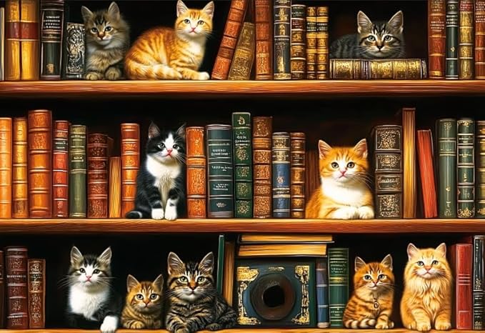 1000 Piece Puzzle for Adults, Cats Library Jigsaw Puzzle, Funny Kitten Bookshelf Puzzles, Animal Pet Lover Challenging Puzzles for Friends Family Activity Game Nights Gifts (Finish Size: 15''x 10'')