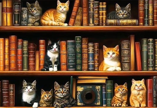 1000 Piece Puzzle for Adults, Cats Library Jigsaw Puzzle, Funny Kitten Bookshelf Puzzles, Animal Pet Lover Challenging Puzzles for Friends Family Activity Game Nights Gifts (Finish Size: 15''x 10'')