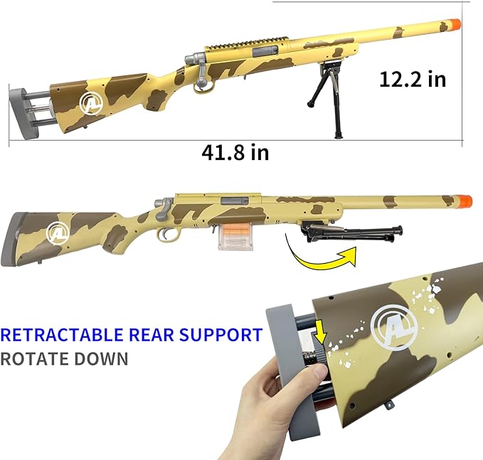 AGM MASTECH M24 Foam Blaster, Shell Ejecting, Safety Switch, Adjustable Stock 41.8 Inch, Scope, 40 Darts, 20 Casings, 2 Mags, Tactical Game Gear for Teens 14+ years Adults(Camouflage Yellow)
