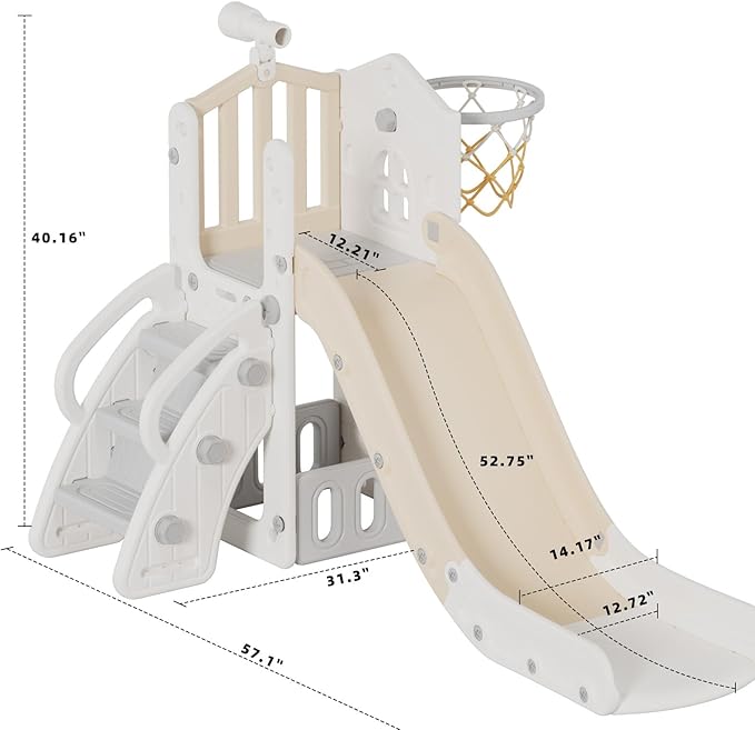 XJD 5 in 1 Toddler Slide, Kids Slide for Toddlers Age 1-3, Outdoor Indoor Playset for Toddlers with Basketball Hoop and Ball, Storage Space Birthday Gifts for Toddler (Beige)