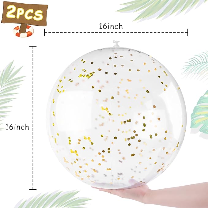 FUTUREPLUSX 16 Inch Glitter Beach Balls, 2PCS Swimming Pool Balls Inflatable Beach Ball with Gold Confetti for Kids Birthday Summer Pool Party