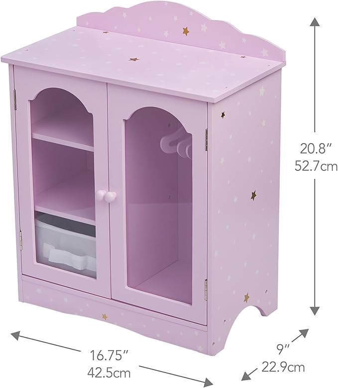 Olivia's Little World Twinkle Stars 18" Doll Closet with 3 Hangers, Shelves, & Canvas Bin, Doll Closet Storage for Accessories & Clothes, Purple