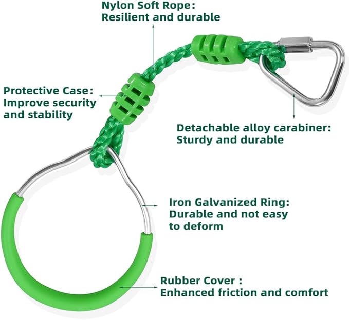 Ninja Jungle Ring Warrior Obstacle Course Trapeze Climbing Fist Swing Playset, 4 Pcs Green Fitness Gymnastic Rings Hanging Monkey Bars Indoor Outdoor Backyard Playground Gym Workout Training Equipment