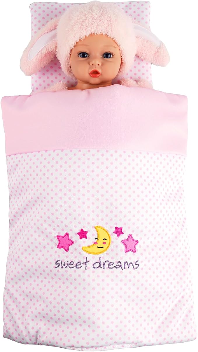 BABESIDE 2 Pcs Baby Doll Bedding Set for 12-15 Inch Dolls, Pink Polka Dot Baby Doll Blanket and Pillow Set with Cute Moon & Stars Pattern for Realistic Babydoll Accessories