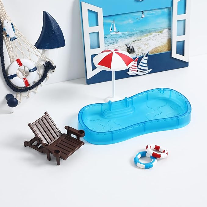 Abaodam Beach Mini House Decoration, Mini Swim Pool with Ring Chair Umbrella, Summer Seaside Miniatures Beach Swimming Pool Set for Crafts Dollhouse Scene Decor