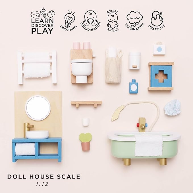 Le Toy Van - Daisylane Bathroom Premium Wooden Toys Dolls House Accessories |Playset For Doll House | Girls Dolls House Furniture Sets - Suitable For Ages 3+