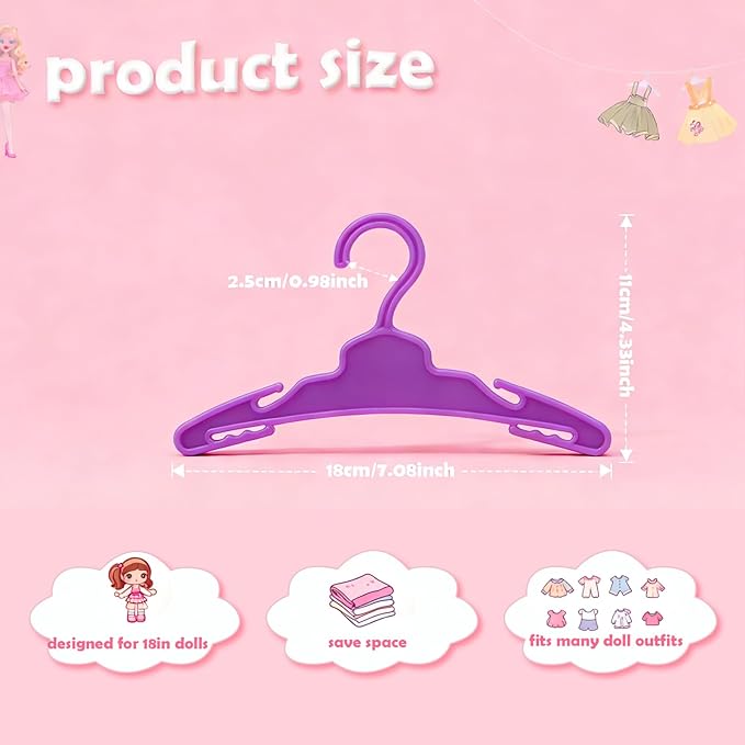 24 Pcs Doll Clothes Hangers for 18-Inch Dolls - Non-Slip, Space-Saving Wardrobe Accessories for Doll Gowns & Outfits (Purple&Rose red)