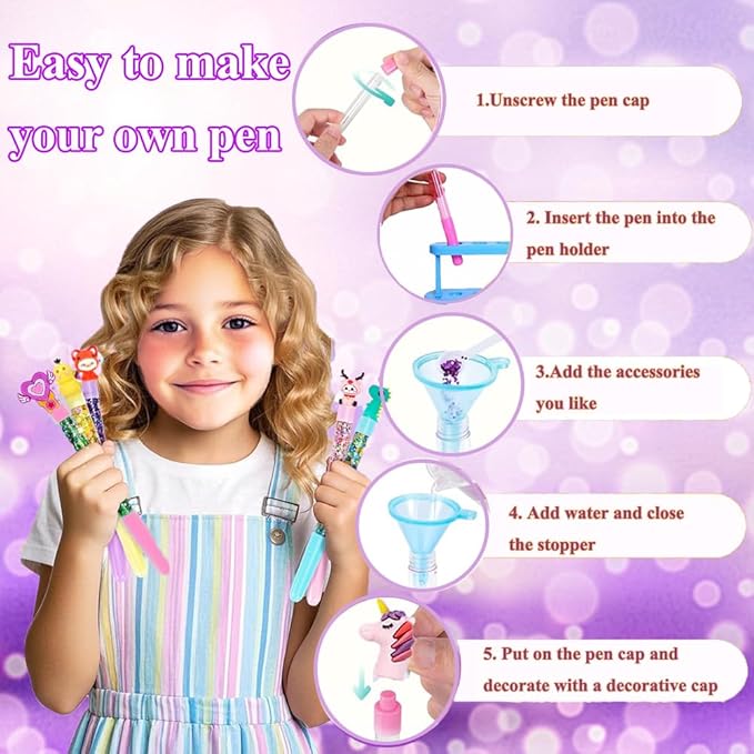 Topblux DIY Sparkle Pen Craft Kit for Kids Ages 6-12, Create 15 Custom Glitter Pens with Sequins Rubber Charms, Gift for Girls Birthday Art Projects Classroom Activity (15)