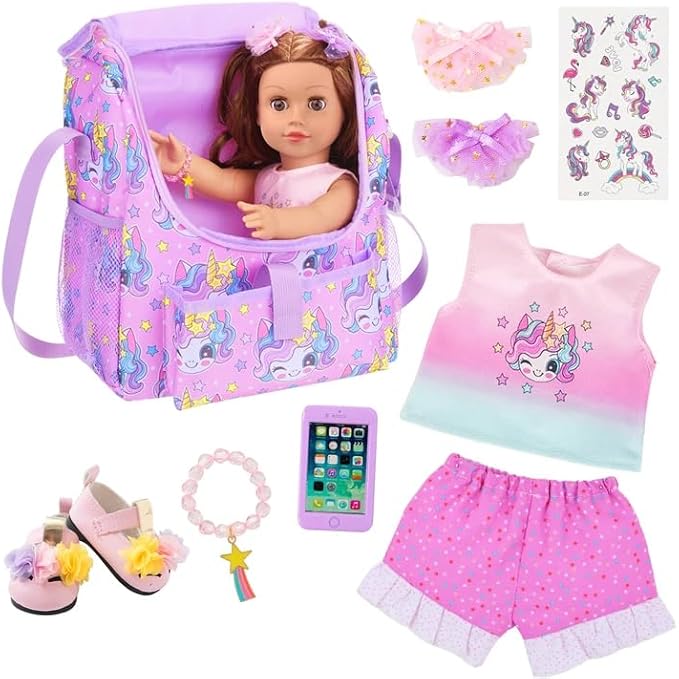 UNICORN ELEMENT 18 Inch American Doll Unicorn Seated Backpack Set and Accessories Include Clothes,Carrier,Shoes,Cell Phone,Stickers Totol 9 pcs(Doll Not Included)