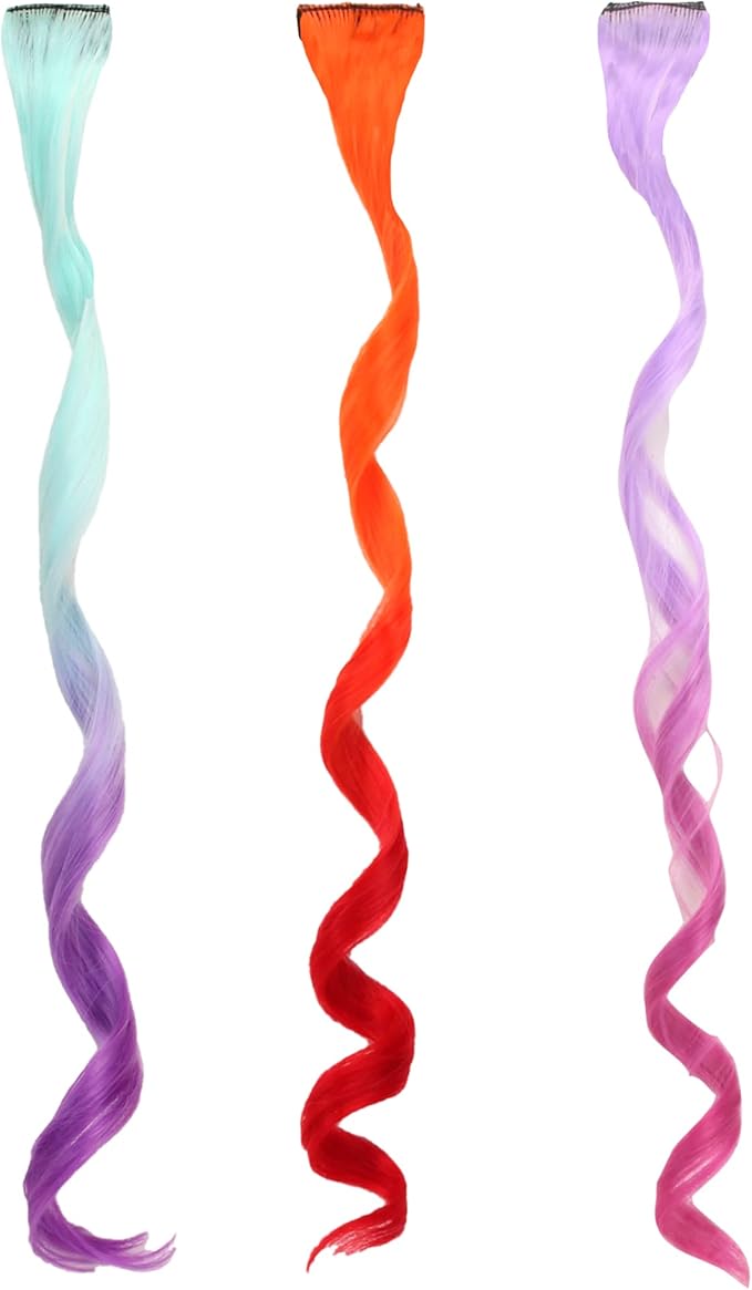 Sophia's Set of 3 Dress Up Fun Long Curly Colorful Ombre Rainbow Clip-in Hair Extensions for 18” Dolls, Aqua/Orange/Lavender