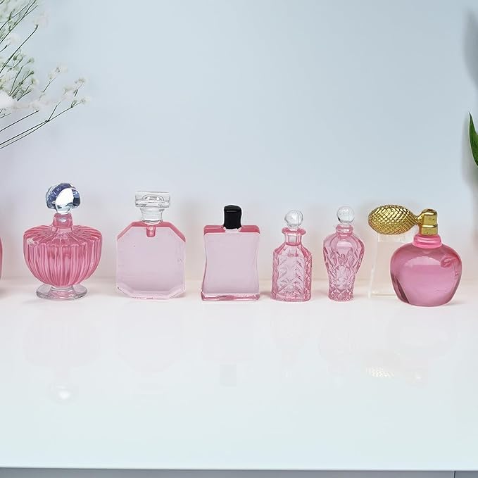 1/12 Scale Miniature Cosmetic Set: 6 Realistic Perfume Bottles for Dollhouse Bathroom & Crafts (Pink)