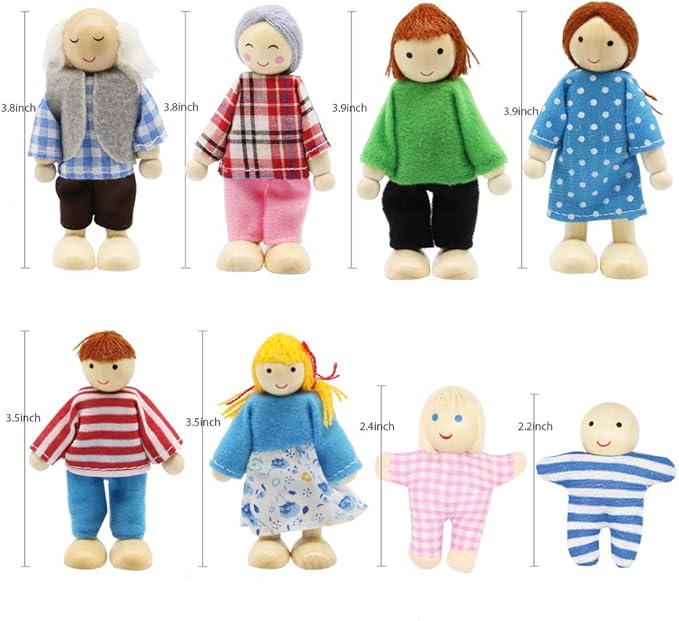 Lovely Family Dollhouse Dolls Set of 8 Wooden Figures, Kids Girls Happy Playset Characters Accessories for Children Pretend Gift