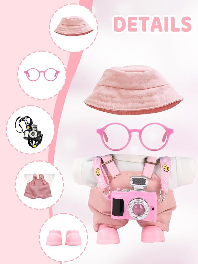 Clothes for LABUBU 17cm Doll (NO Doll) – 6-Piece Set, Hat + Overalls + Shirt + Camera + Glasses + Shoes, Outfit for LABUBU, Premium Dolls Accessories for LABUBU (Light Pink)