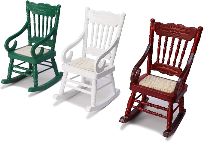 Dollhouse Miniature Rocking Chair 1:12 Scale Wooden Furniture Accessories Tiny Mini House Home Outdoor Decoration Model Living Room Scene Christmas Craft Displays (White)