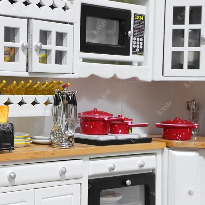 iLAND 1/12 Scale Accessories of Dollhouse Kitchen, Dollhouse Miniatures Cooking Set, Mini Metal Pots & Pans & Turners w/Stand