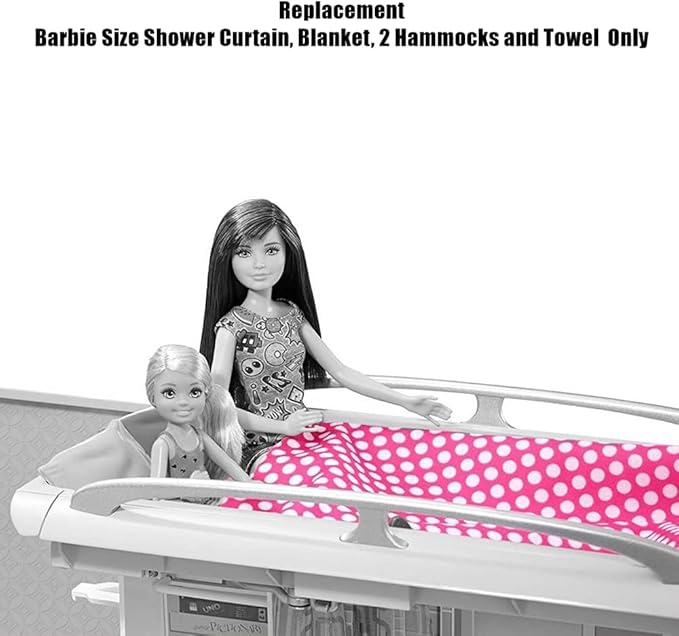Mattel Replacement Barbie Size Shower Curtain, Blanket, 2 Hammocks and Towel for Barbie Camper Playset - FBR34, Pink, Blue, Yellow