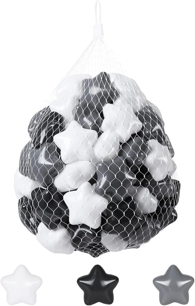 STARBOLO Baby Ball Pit Balls - 100pcs Star Balls for Ball Pit Plastic Ball Baby Play Ball Playhouse Playpen, Black/Gray/White Stars for Brithday Party Decoration.