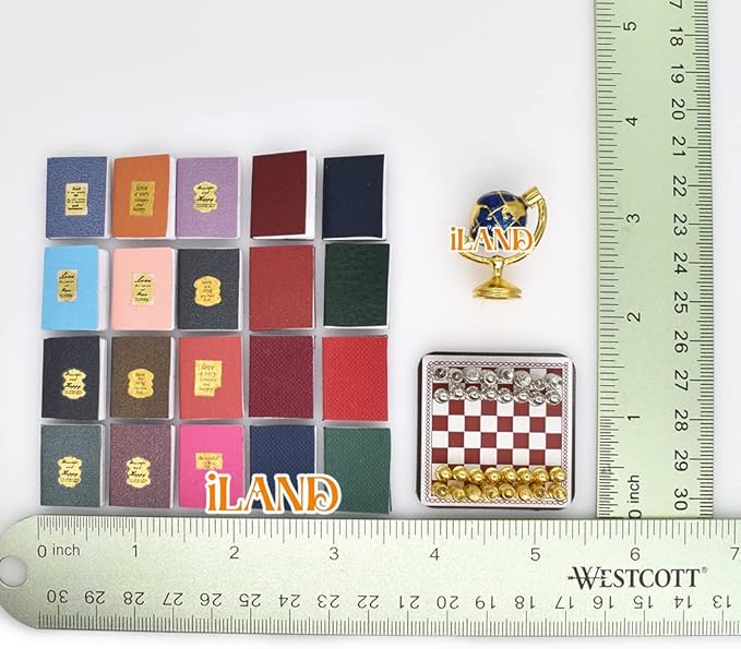 iLAND Miniature Dollhouse Accessories for Dollhouse Furniture, Mini Book Globe Chess Set for Dollhouse Study Room (Classic 22pcs)