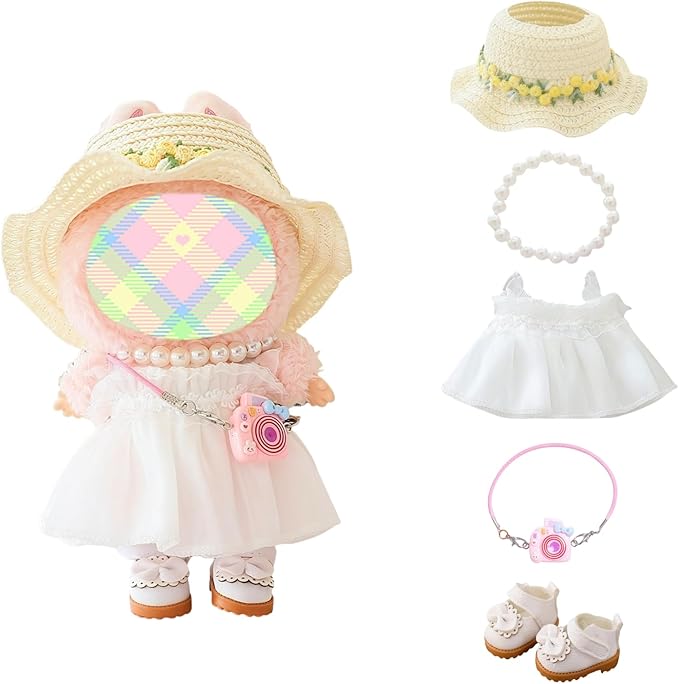 Clothes for Lububu Dolls(No Doll) Accessories, Outfit Set 5 Pieces Gauze Dress for 17cm Doll, Romantic Hat Skirt Shoes Doll Clothing Set Replacement White