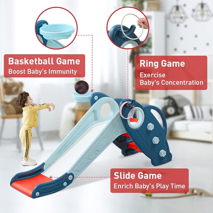 Onasti Kids Slide for Toddlers Age 1-3 Indoor Baby Plastic Slide Outdoor Climber Freestanding Playset with Basketball Hoop & Ring Game Blue