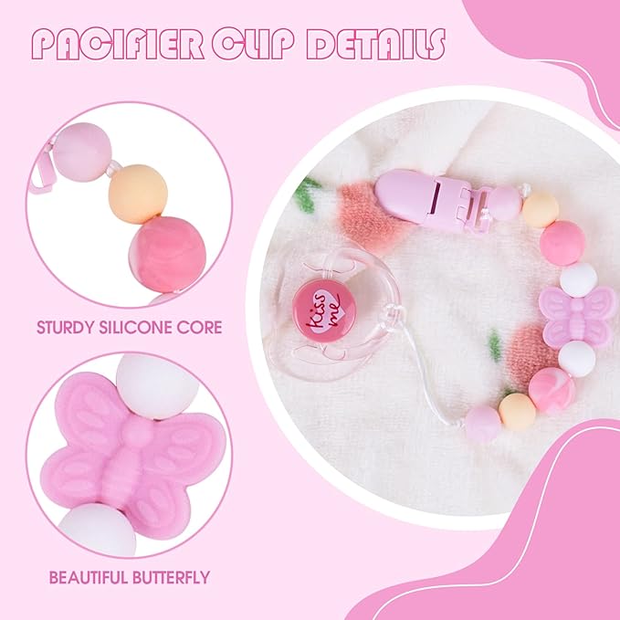 Aori Pacifier Clips for Rebron Baby Dolls Silicone Holders Clips with Magnetic Pacifier -Pink