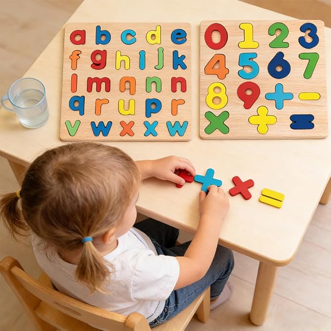 Wooden Puzzles for Toddlers, 2 Pack Alphabet Shape Wooden Puzzles for Kids Montessori Toddler Alphabet Number Shape Learning Puzzle for Kids 3 Years Over Boys & Girls