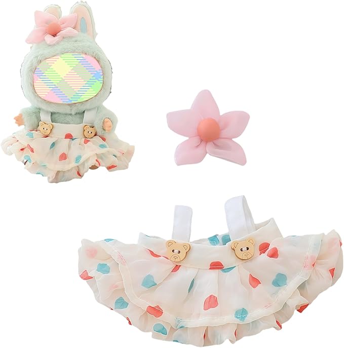Clothes for Lu bubu 17cm Dolls Accessories (No Doll), Kawaii Skirt Outfit Set 2 Pieces for 17cm Dolls Suit, Stylish Dress Up Flower Dolls Clothing Set Replacement Beige