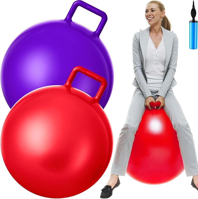 Lewtemi 2 Pcs 29 Inch Big Hopper Ball Jumping Hopping Inflatable Bouncing Ball with Handle and Air Pump for Adults Carnival Outdoor Sports Game(Red, Purple)