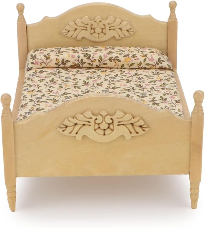 Miniature Furniture Dollhouse Wooden Fabric Bed with Mattress & Pillow 1 12 Scale Furniture Dollhouse Decoration Accessories (Wood)