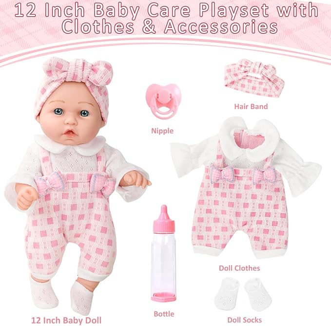 12" Girl Baby Doll Playset with Accessories and Clothes in Gift Box for Little Girls,12 Inch Small Realistic Baby Dolls Pacifier Bottle Pretend Baby Care Toy Set for Child Toddler 3+ Gift Collection