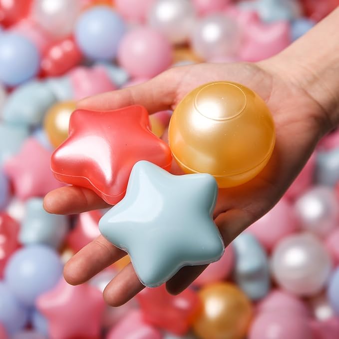 TRENDPLAY Star Ball Pit Balls for Toddlers -50 100 200 Count Star Balls Different Shapes, Non-Toxic Plastic Balls for Safe Play, Boys Girls Festival Party Decoration