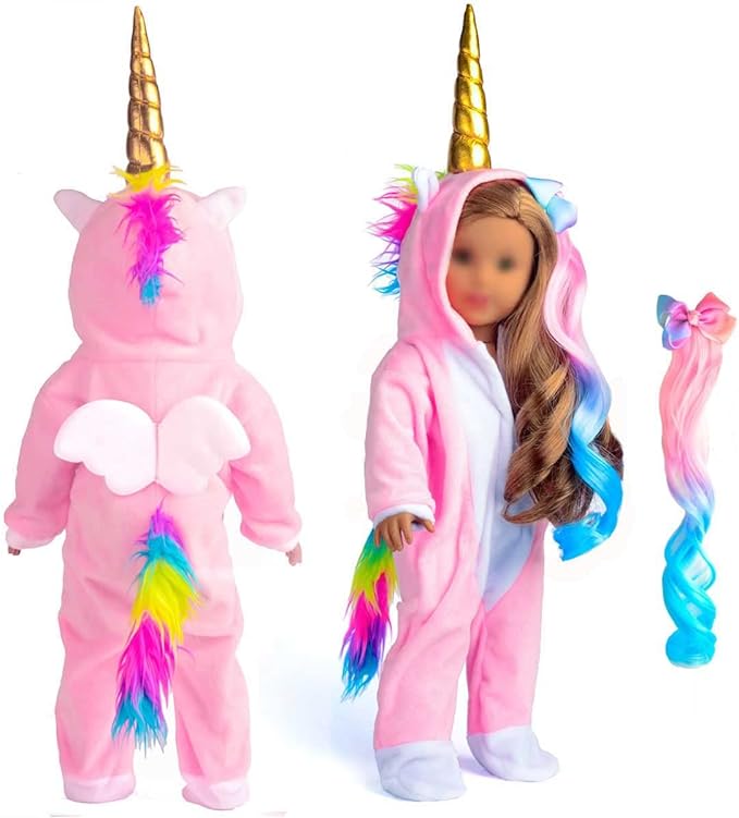 18 Inch Doll Clothes Unicorn Onesie Pajamas Rainbow Color Hair Bow Clips Costume Fits 18 Inch Doll (Doll Not Included)