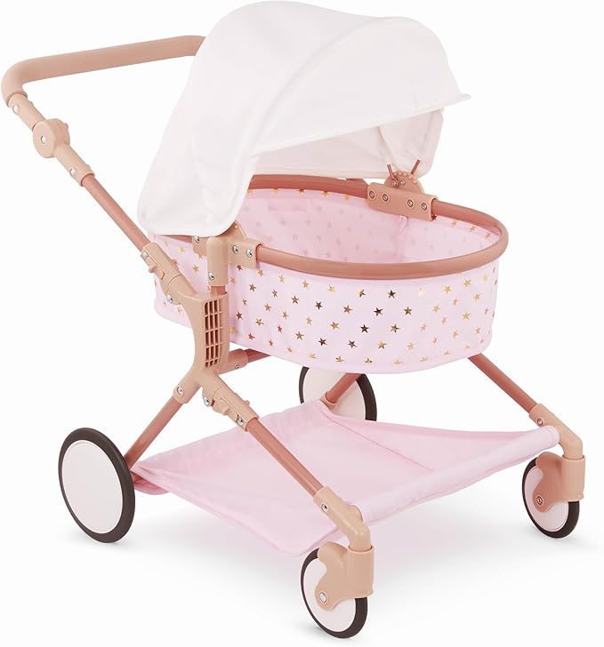 LullaBaby – 14-Inch Accessories – Pink Toy Stroller with Gold Stars for Twins – Foldable Canopy, Swivel Wheels & Storage Basket – Pretend Play 2+ Years