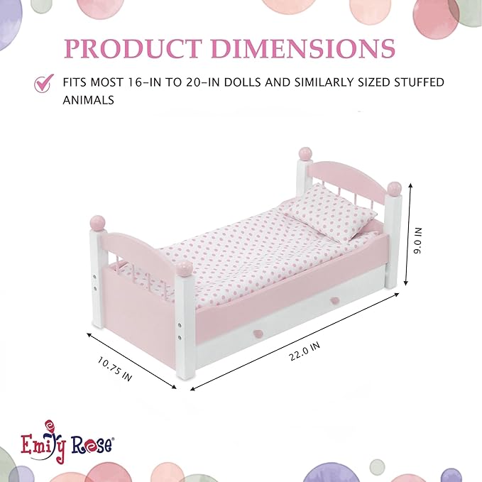 Emily Rose 18" Doll Pink Trundle Bed with Pull-Out Storage Drawer & 3-PC Bedding Set - Stackable Design - Fits American Girl Dolls - Wooden Bedroom Furniture