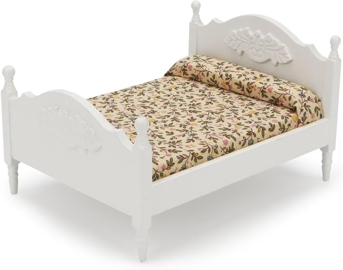 Miniature Furniture Dollhouse Wooden Fabric Bed with Mattress & Pillow 1 12 Scale Furniture Dollhouse Decoration Accessories (White)