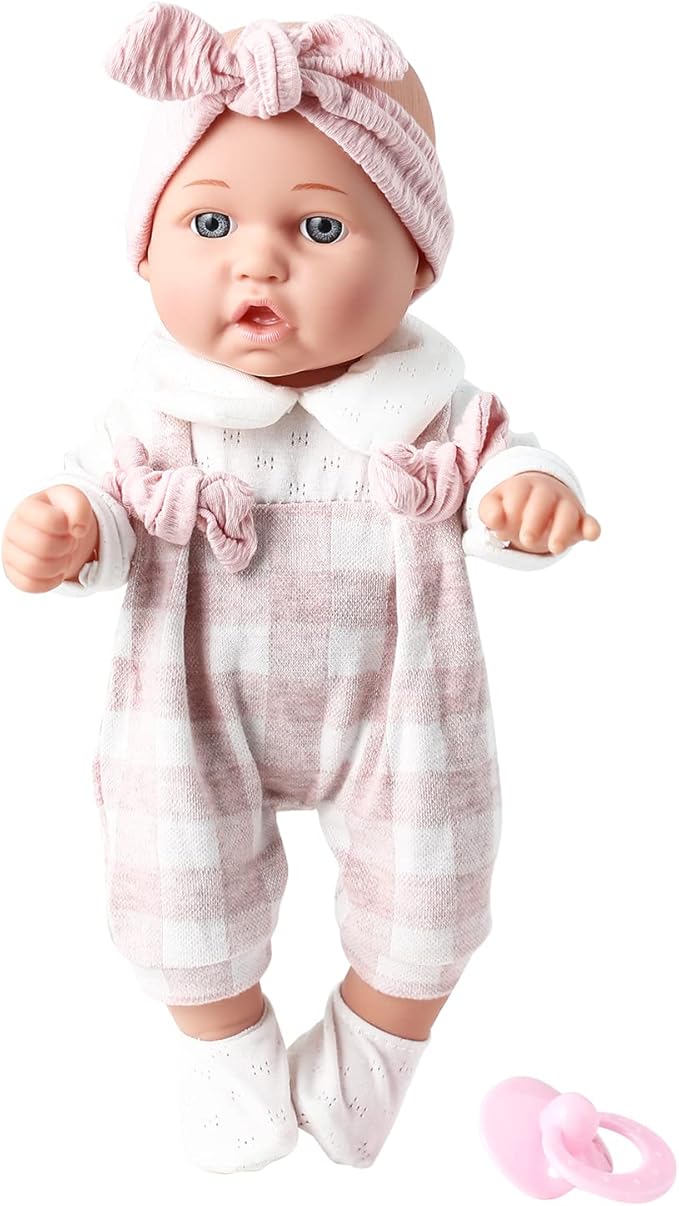 Enjoyin 12'' Baby Doll in Gift Box with Pink Cloths, Pacifier, 13''x13'' Microfabric Blanket, and Feeding Bottle. Gift Idea for Ages 3+