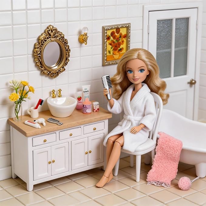 DIYDEC 1:12 Scale Dollhouse Bathroom Set 20pcs Miniature Furniture Accessories with Doll Bathroom Washbasin Cabinet Ceramic Bathtub Mirror Comb for Dollhouse Miniatures Play Figurines Decor