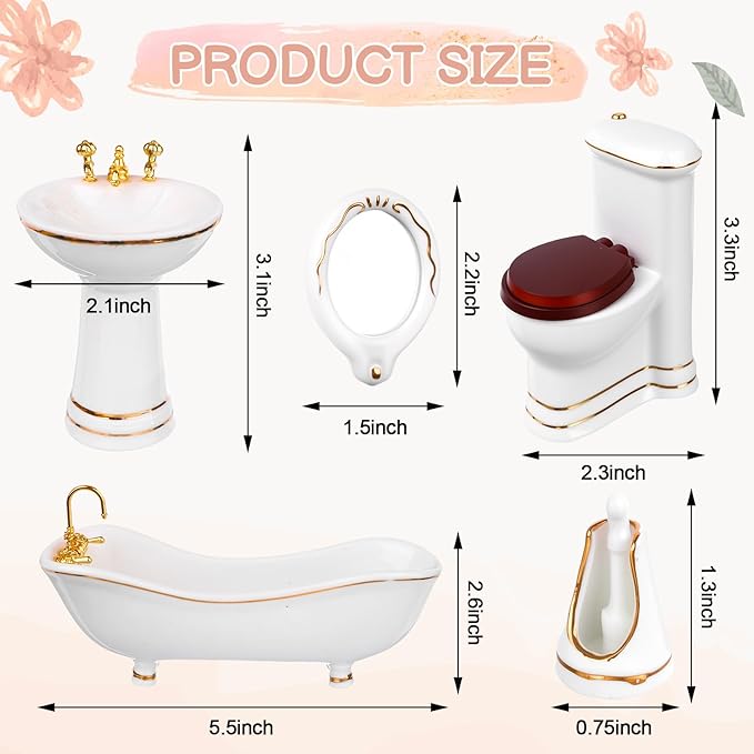 1:12 Dollhouse Miniature Porcelain Bathroom Set 5Pcs White Ceramic Toilet Basin Bathtub Mirror Miniature Furniture with 15Pcs Doll Accessories Comb,Bathball,Water Cup,Toothbrush Toothpaste