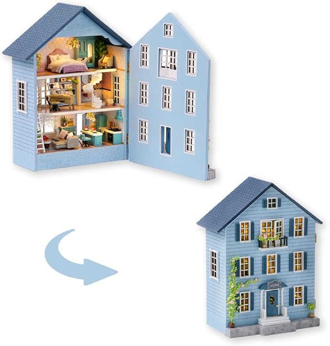 TuKIIE DIY Miniature Dollhouse Kit with Furniture, 1:32 Scale Creative Room Opened & Closed Mini Wooden Doll House for Kids Teens Adults(Molan House)