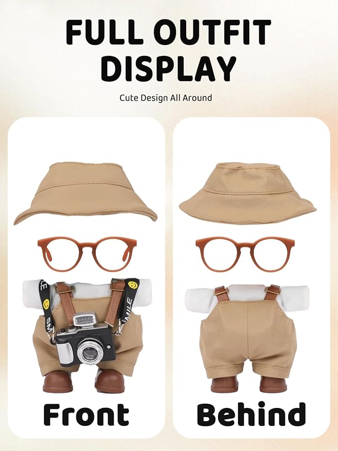 17cm Doll Clothes Set, Hat & Overalls & Shirt & Shoes & Glasses & Camera Set for 17cm Accessories Suit, Stylish Dolls Clothes Accessories, Cute Clothes for Dress up Unique Style (Khaki)