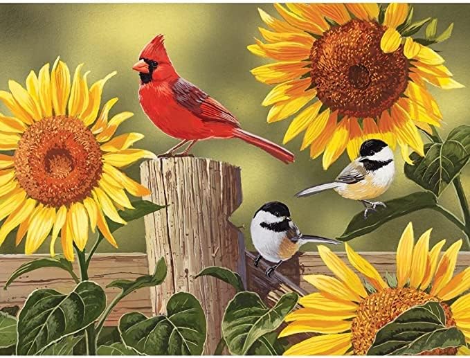 Bits and Pieces – 50 Piece Jigsaw Puzzle for Adults – Sunflower & Songbirds - Cardinals Jigsaw Puzzle by William Vanderdasson, Completed Puzzle Size: 15" x 19"