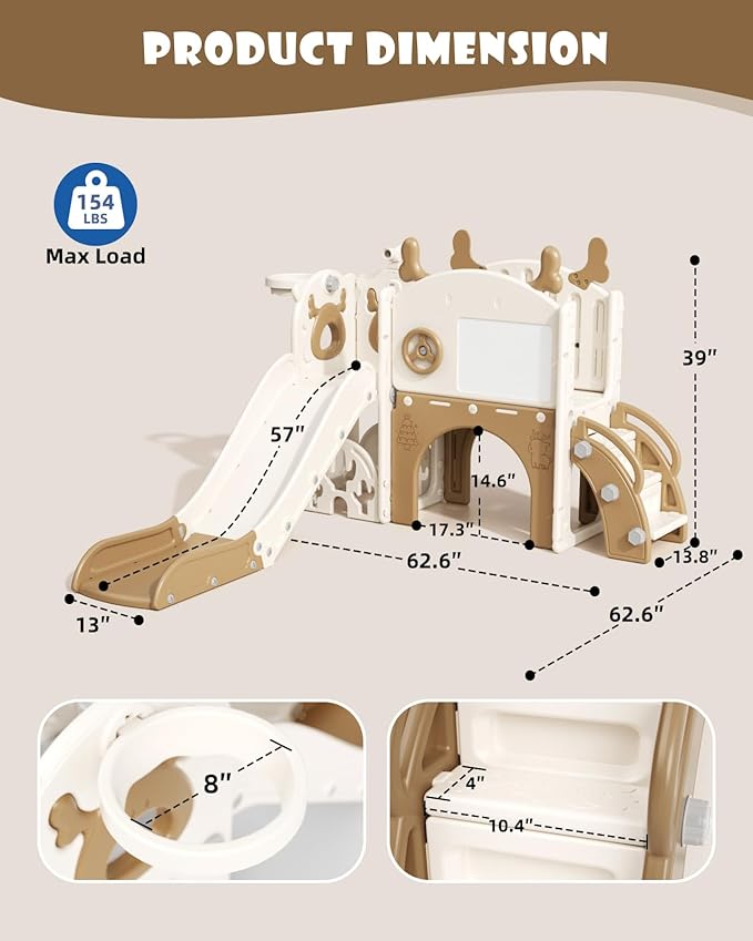 XJD Toddler Slide,12 in 1 Kids Slide for Toddlers 1-3, New Upgrade with Golf Set, Basketball Hoop, Drawing Board for Indoor Outdoor Playset,Toddler Playground (Brown)