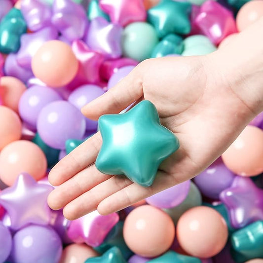 TRENDPLAY Star Ball Pit Balls for Toddlers -50 100 200 Count Star Balls Different Shapes, Non-Toxic Plastic Balls for Safe Play, Boys Girls Festival Party Decoration