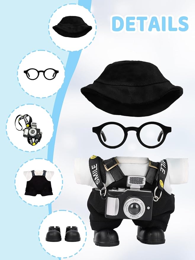 Clothes for LABUBU 17cm Doll (NO Doll) – 6-Piece Set, Hat + Overalls + Shirt + Camera + Glasses + Shoes, Outfit for LABUBU, Premium Dolls Accessories for LABUBU (Black)