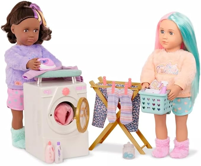 Our Generation 18" Doll Laundry Set - Tumble & Spin Washer, Hamper, Drying Rack, Ironing Board & Accessories - White - Plastic - Modern/Contemporary