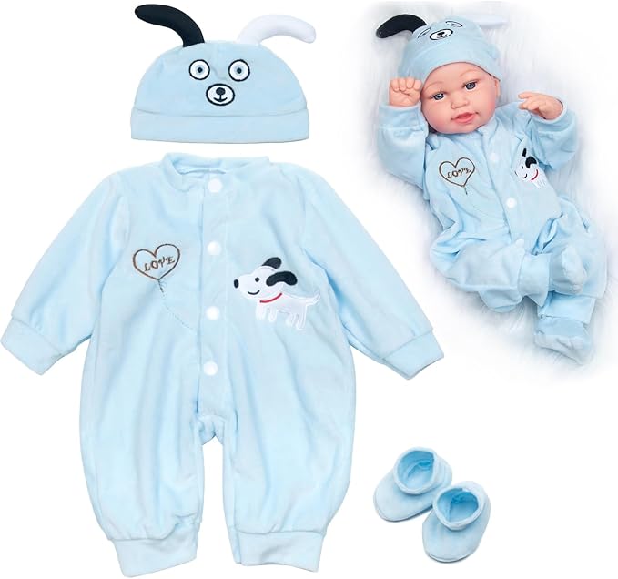 Reborn Baby Doll Clothes Blue Puppy 3 Pcs Set for 17-20 Inch Baby Doll Clothes Outfits Accessories Newborn Boy&Girl