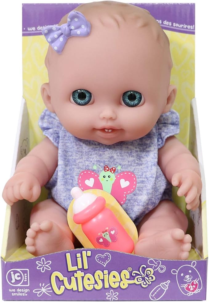 Lil Cutesies 8.5" All Vinyl Baby Doll | Posable and Washable | Removable Outfit | Lulu- Blue Eyes | JC Toys |Ages 2+