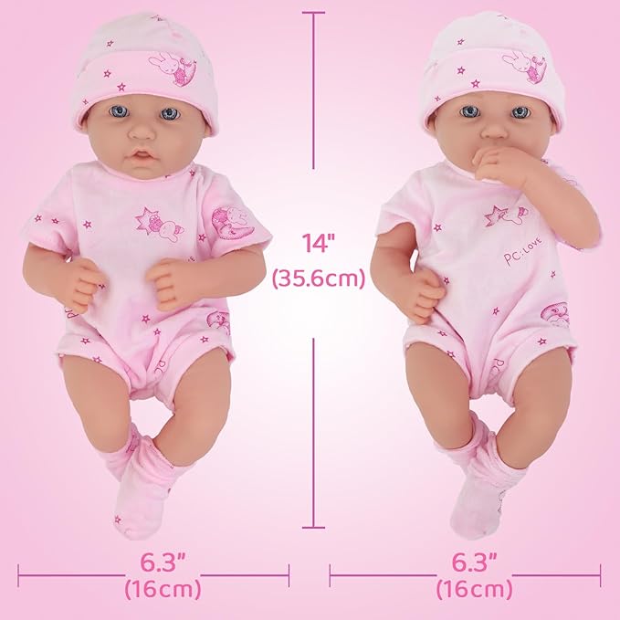 UNICORN ELEMENT 14 Inch Baby Doll-Baby Dolls with 15 Piece Accessories Set, Soft Body Baby Girl Doll, with Bottle & Pacifier, Clothes and Hats, Gift Box for Toddlers Ages 3 4 5