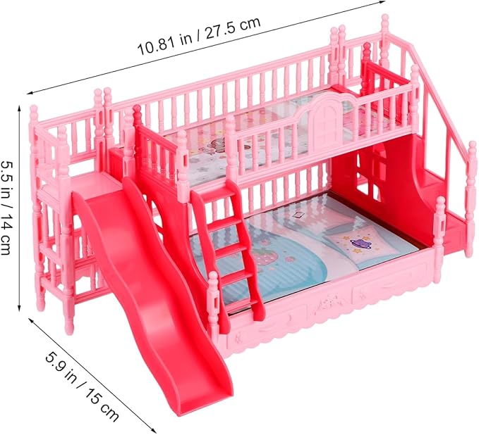 NOLITOY Miniature Bunk Bed with Slide for 6 Inch Dolls - Pink Double Deck Plastic Dollhouse Furniture Playset with Ladder & Bedding Accessories - Fits Small Dolls Figures